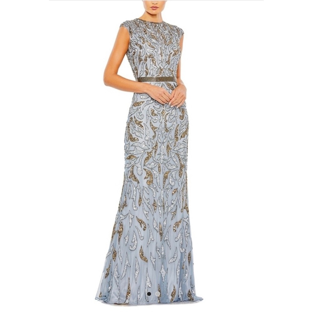 Mac Duggal 5532 Platinum Embellished Column Gown Sz 8 NWT Illusion Formal Dress